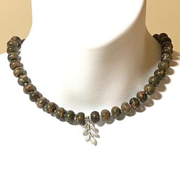 Cute Unakite Stone Silver Leaf Branch Necklace, Genuine Gemstone Beaded Necklace - Picture 1 of 9